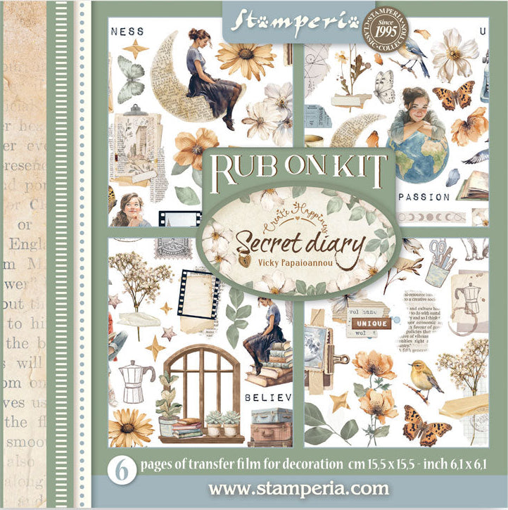 Stamperia Rub On Kit Secret Diary with decorative design on a white background